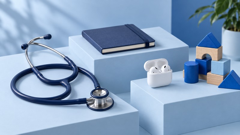 Placeholder arrangement of medical instruments, books, learning blocks and earbuds
